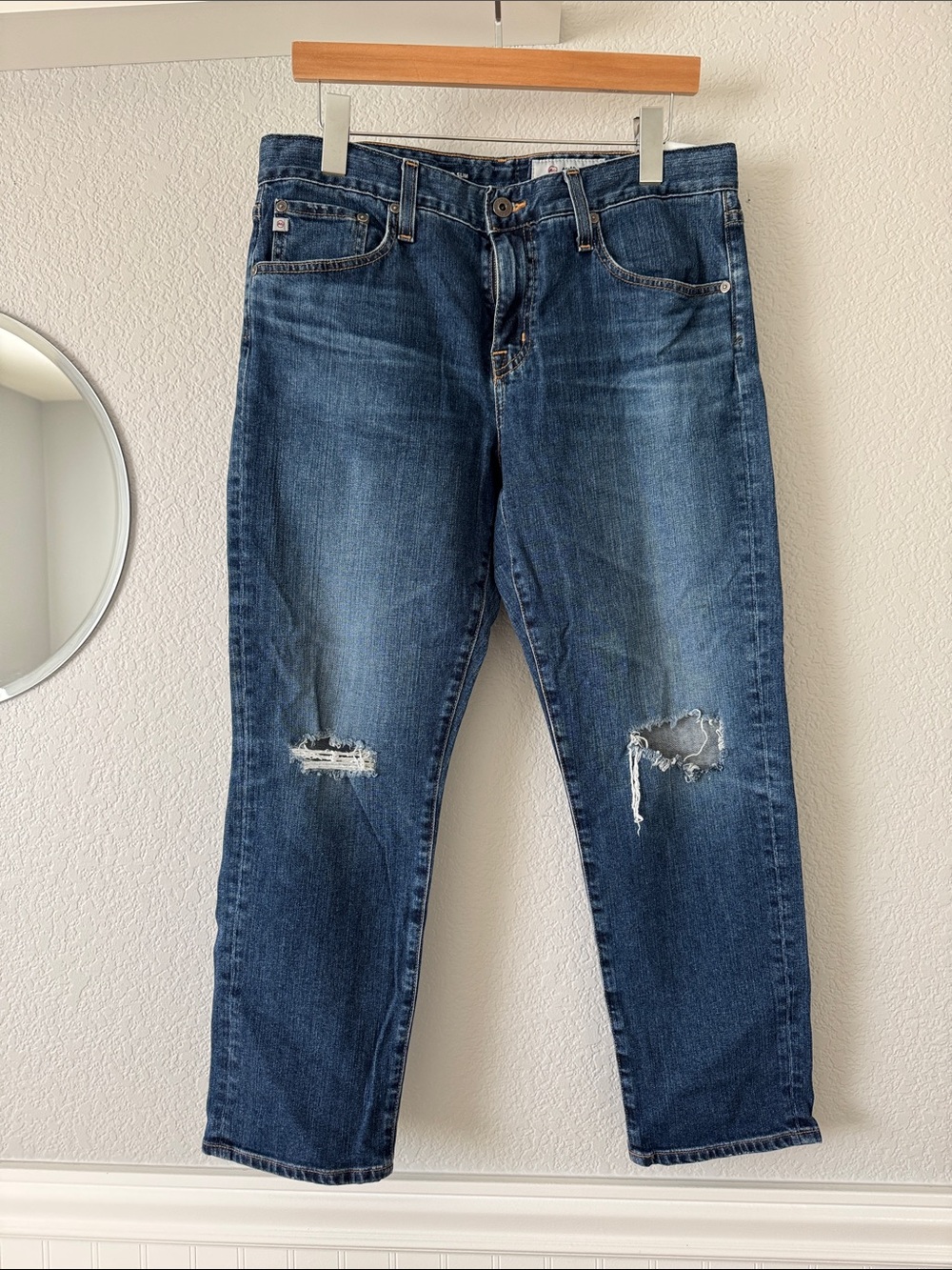 AG The Ex-Boyfriend Slouchy Slim Cropped Jeans, Distressed, Sz 30R , 26” Inseam